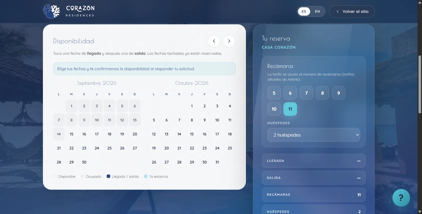 Motor de reservas con calendario y cotización