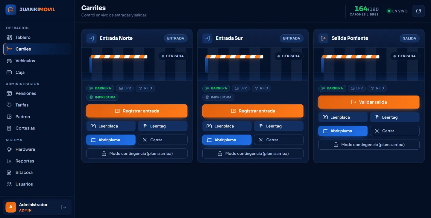 Control en vivo de carriles con barrera, lectura de placas, tag y estado de impresora